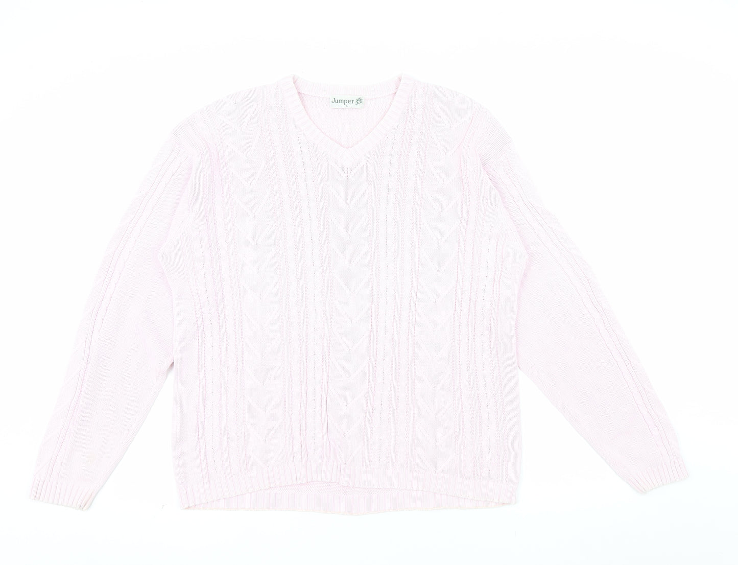 Jumper Womens Pink V-Neck Cotton Cable Knit Pullover L