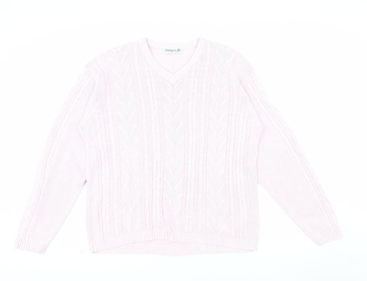 Jumper Womens Pink V-Neck Cotton Cable Knit Pullover L