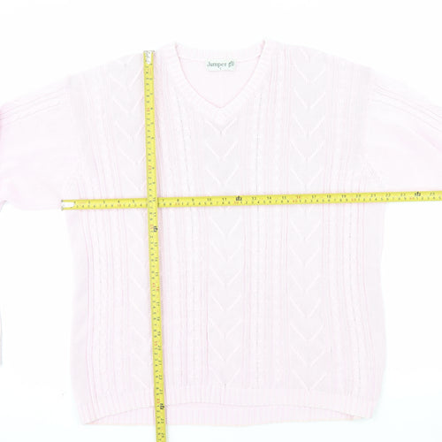 Jumper Womens Pink V-Neck Cotton Cable Knit Pullover L