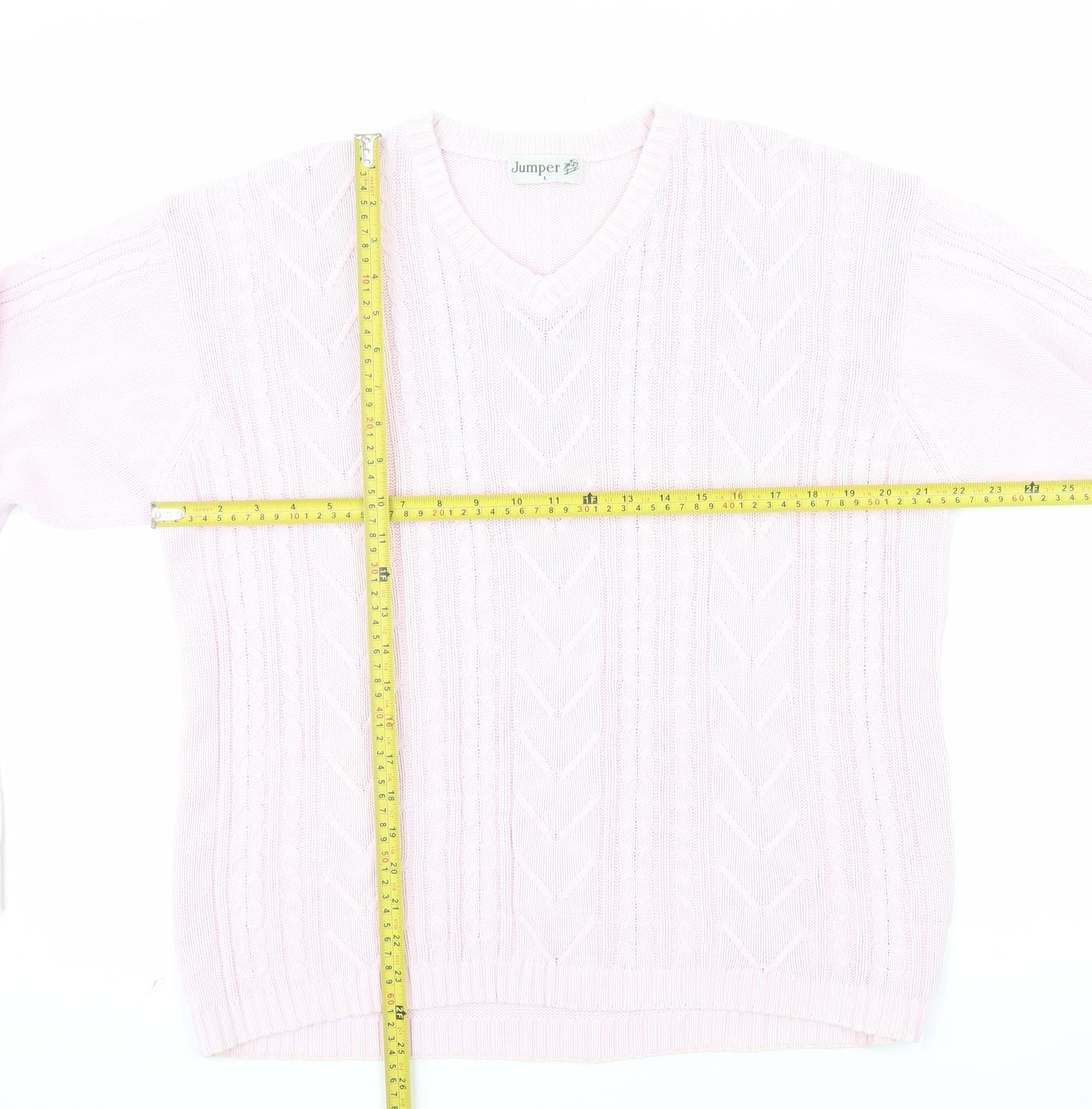 Jumper Womens Pink V-Neck Cotton Cable Knit Pullover L