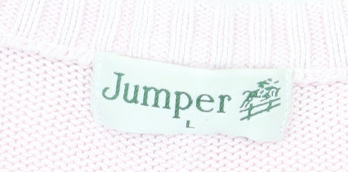 Jumper Womens Pink V-Neck Cotton Cable Knit Pullover L