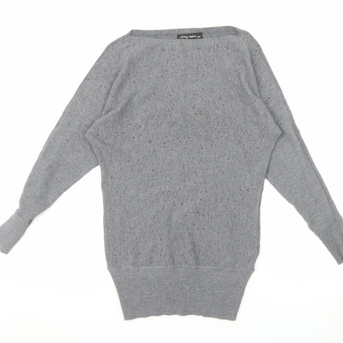 Anny Fashion Women Grey Rhinestone Boat Neck Knit Jumper Size S