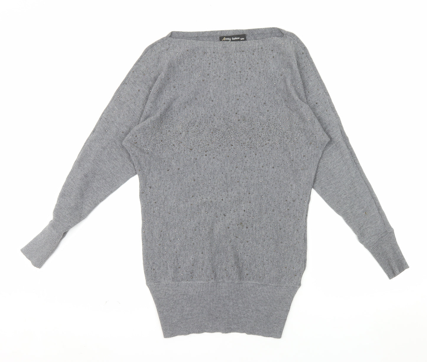 Anny Fashion Women Grey Rhinestone Boat Neck Knit Jumper Size S