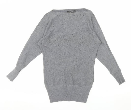Anny Fashion Women Grey Rhinestone Boat Neck Knit Jumper Size S