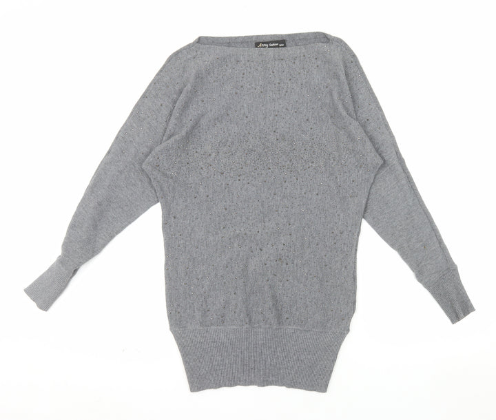 Anny Fashion Women Grey Rhinestone Boat Neck Knit Jumper Size S