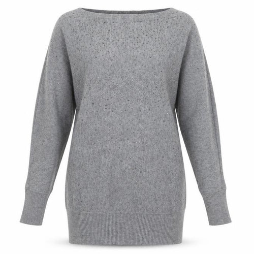 Anny Fashion Women Grey Rhinestone Boat Neck Knit Jumper Size S