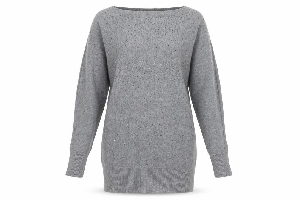 Anny Fashion Women Grey Rhinestone Boat Neck Knit Jumper Size S