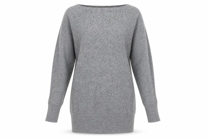 Anny Fashion Women Grey Rhinestone Boat Neck Knit Jumper Size S