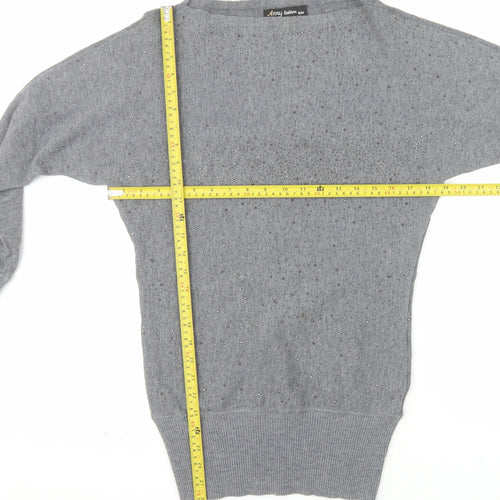 Anny Fashion Women Grey Rhinestone Boat Neck Knit Jumper Size S