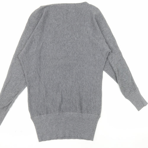 Anny Fashion Women Grey Rhinestone Boat Neck Knit Jumper Size S