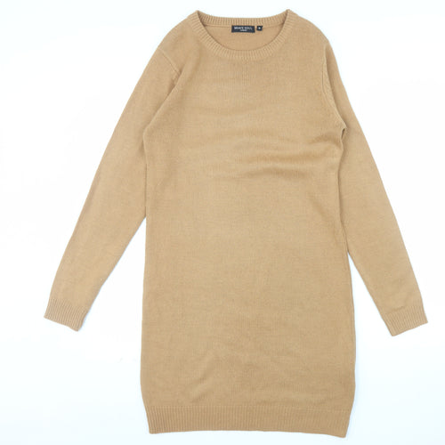 Brave Soul Women Camel Beige Long Sleeve Knit Jumper Dress M