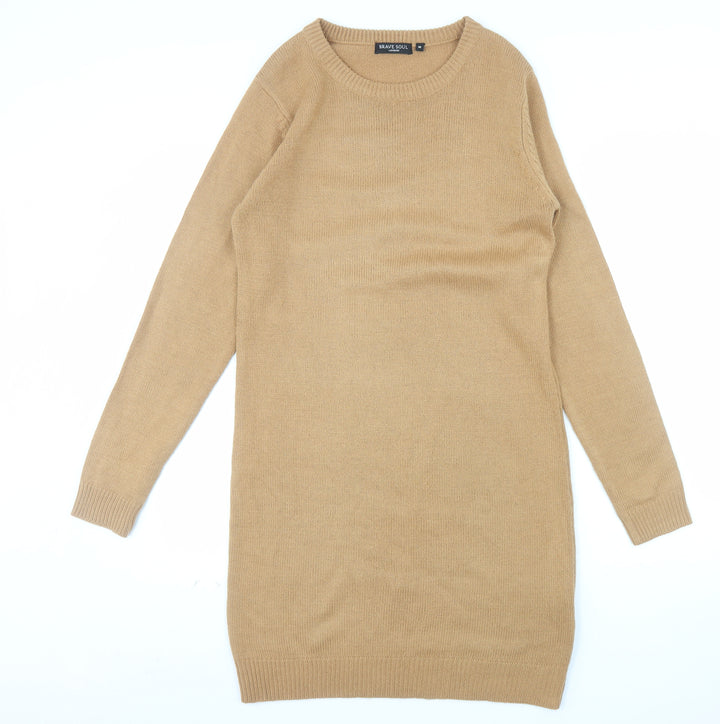 Brave Soul Women Camel Beige Long Sleeve Knit Jumper Dress M