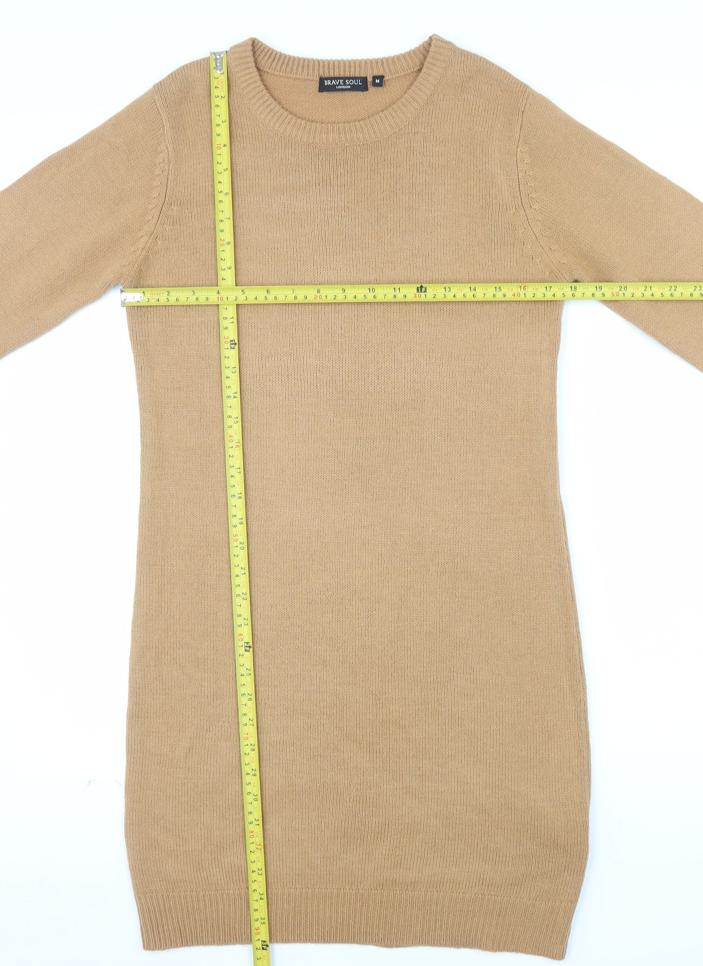 Brave Soul Women Camel Beige Long Sleeve Knit Jumper Dress M