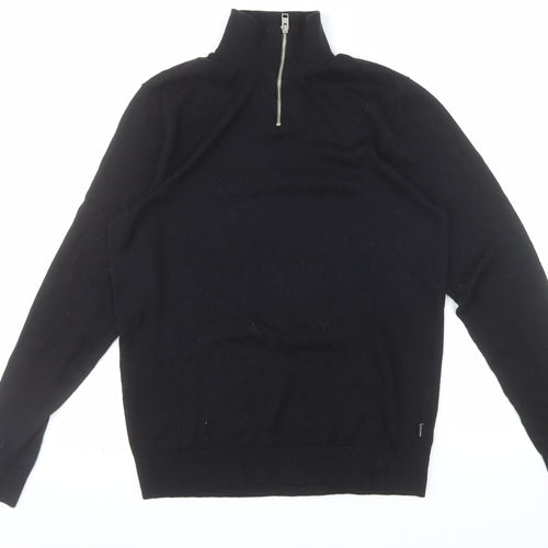 Jack & Jones Men's Black Half Zip High Neck Cotton Blend Jumper M
