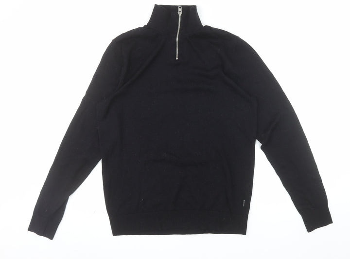 Jack & Jones Men's Black Half Zip High Neck Cotton Blend Jumper M