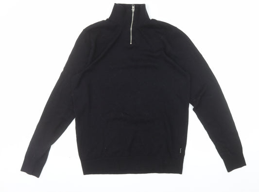 Jack & Jones Men's Black Half Zip High Neck Cotton Blend Jumper M