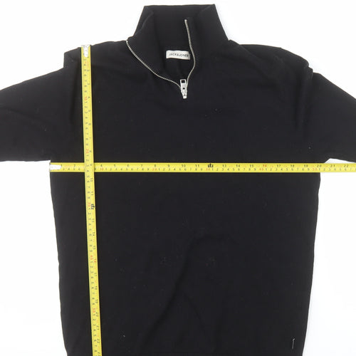 Jack & Jones Men's Black Half Zip High Neck Cotton Blend Jumper M