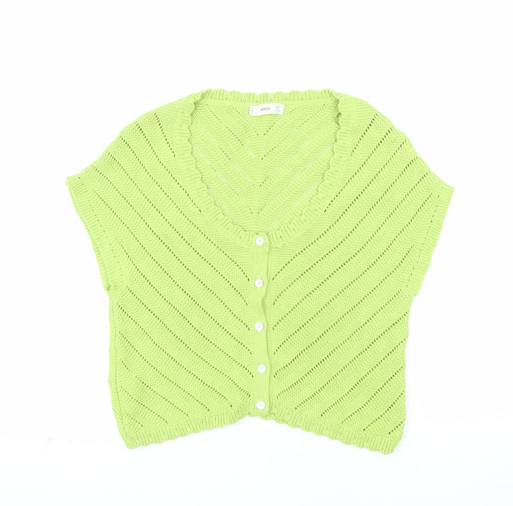 MNG Women Green V-Neck Short Sleeve Knit Cardigan Size L