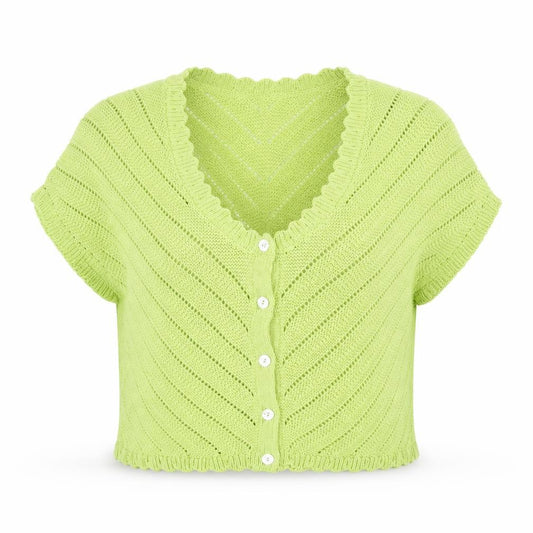 Front view of Mango Women Green V-Neck Short Sleeve Knit Cardigan, size L