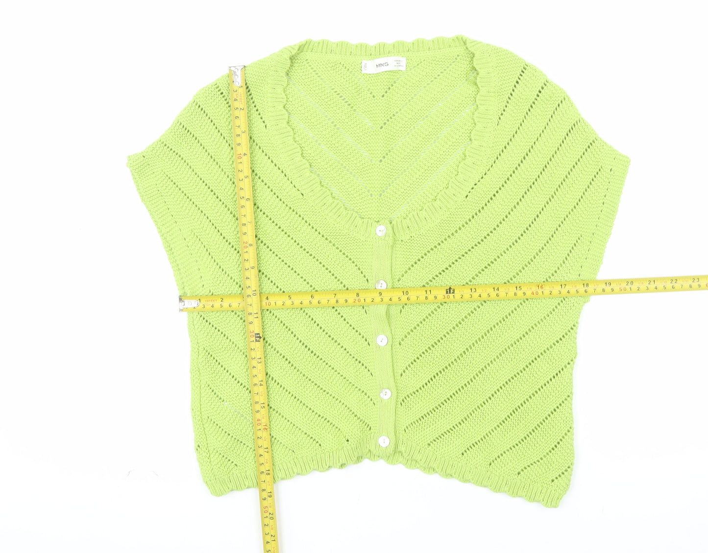 MNG Women Green V-Neck Short Sleeve Knit Cardigan Size L