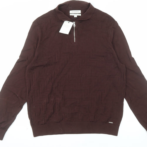 Marks and Spencer Men Brown L 1/2 Zip Cotton Jumper
