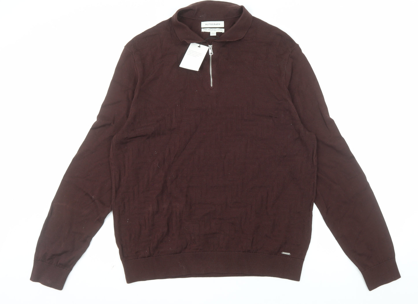 Marks and Spencer Men Brown L 1/2 Zip Cotton Jumper