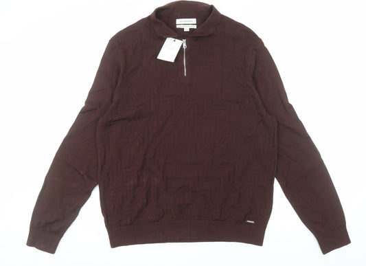 Marks and Spencer Men Brown L 1/2 Zip Cotton Jumper