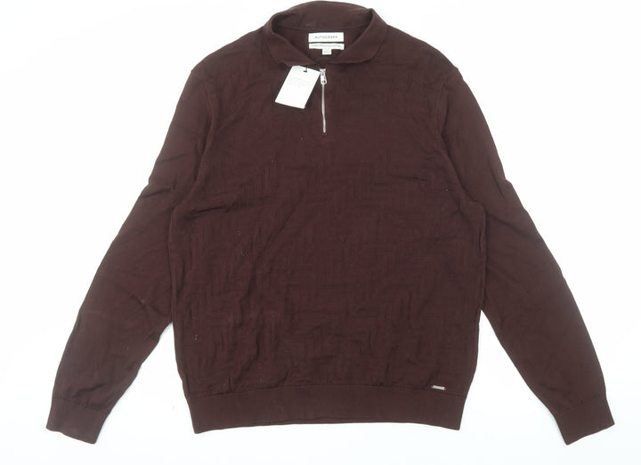 Marks and Spencer Men Brown L 1/2 Zip Cotton Jumper
