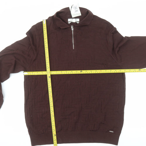 Marks and Spencer Men Brown L 1/2 Zip Cotton Jumper