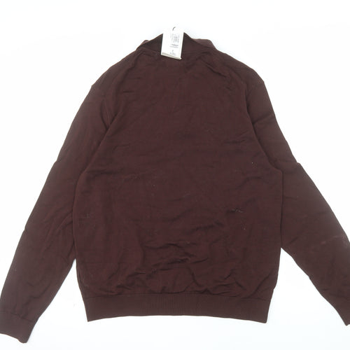 Marks and Spencer Men Brown L 1/2 Zip Cotton Jumper