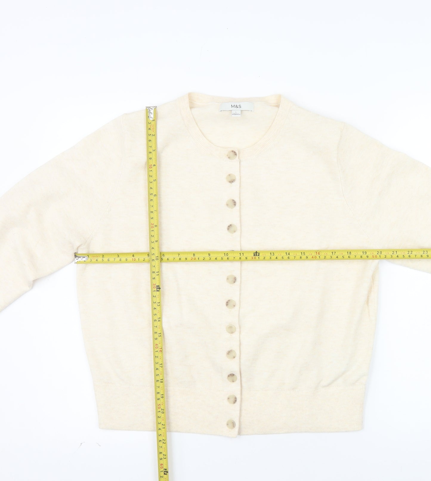 Marks and Spencer Women Beige L Cardigan Crew Neck Wool Blend