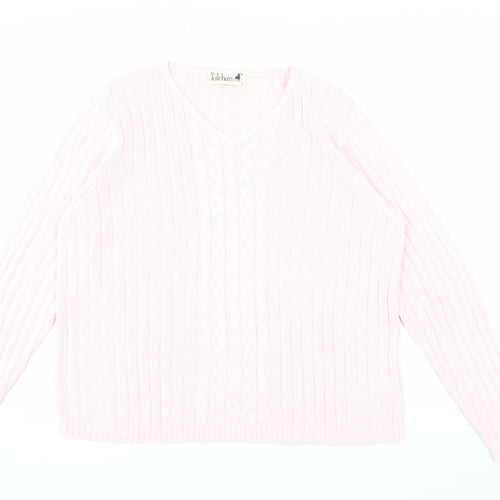 Tulchan Women Pink Cotton V-Neck Cable Knit Jumper Size L