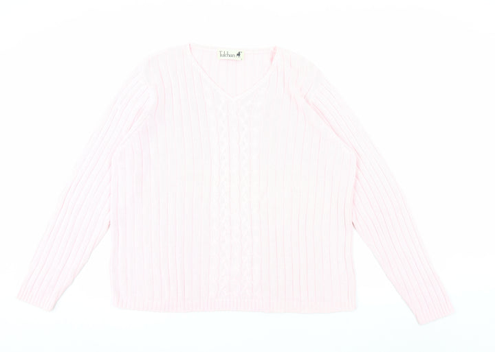 Tulchan Women Pink Cotton V-Neck Cable Knit Jumper Size L