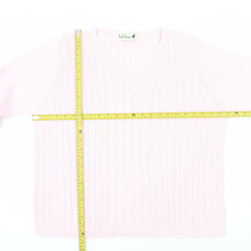 Tulchan Women Pink Cotton V-Neck Cable Knit Jumper Size L