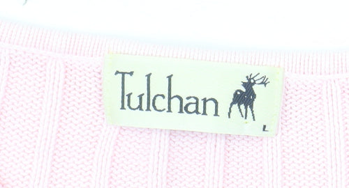 Tulchan Women Pink Cotton V-Neck Cable Knit Jumper Size L