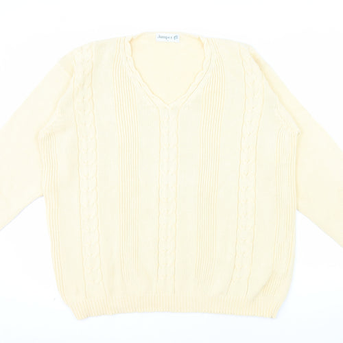 Jumper Womens Beige V-Neck Cotton Cable Knit Pullover L