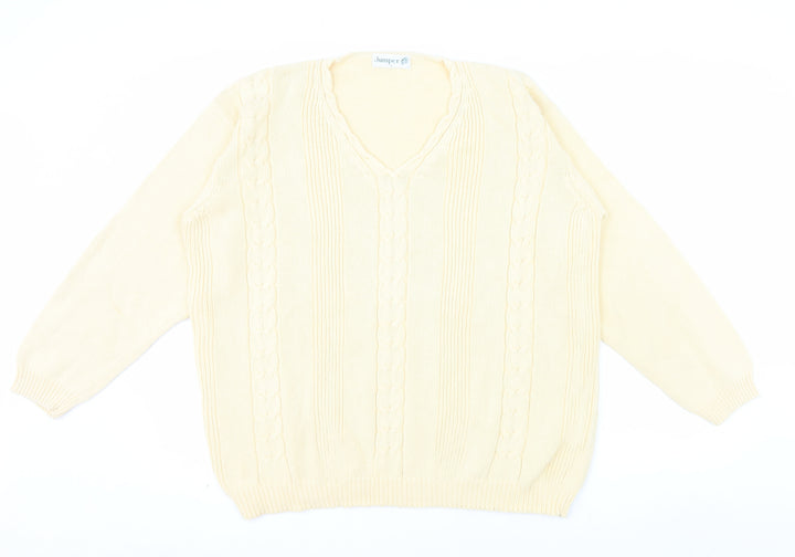 Jumper Womens Beige V-Neck Cotton Cable Knit Pullover L
