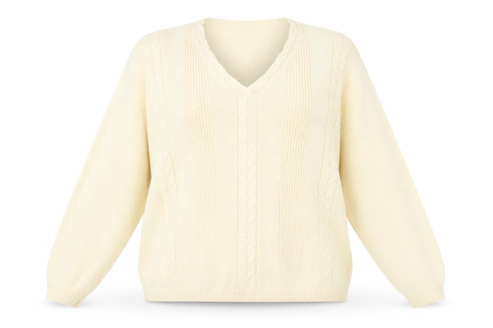Front view of Jumper women’s beige v-neck cotton cable knit pullover l