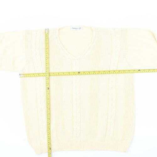 Jumper Womens Beige V-Neck Cotton Cable Knit Pullover L