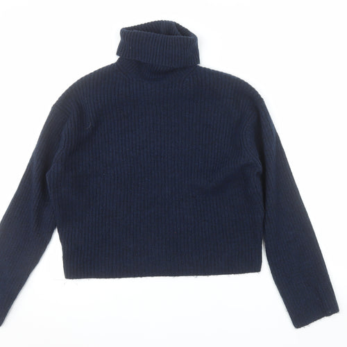 H&M Women’s Blue Roll Neck Ribbed Knit Pullover Jumper XS