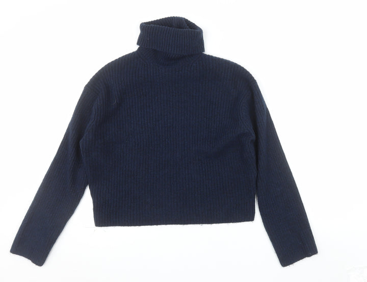 H&M Women’s Blue Roll Neck Ribbed Knit Pullover Jumper XS