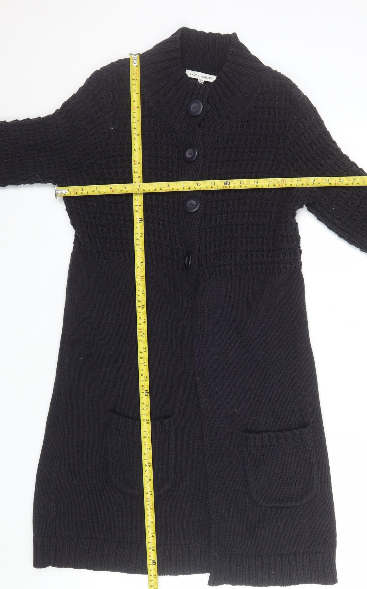 Laura Ashley Women's Black Cotton Knit Long Cardigan UK 12