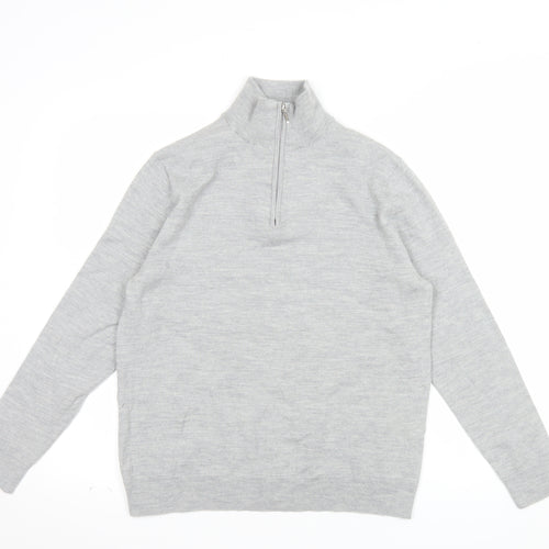 Moss Mens Grey L Half Zip Merino Wool Blend Jumper