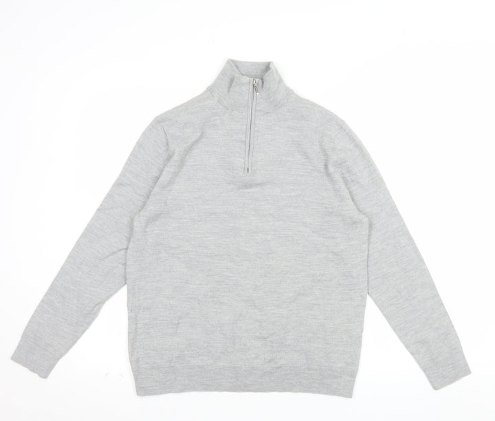 Moss Mens Grey L Half Zip Merino Wool Blend Jumper