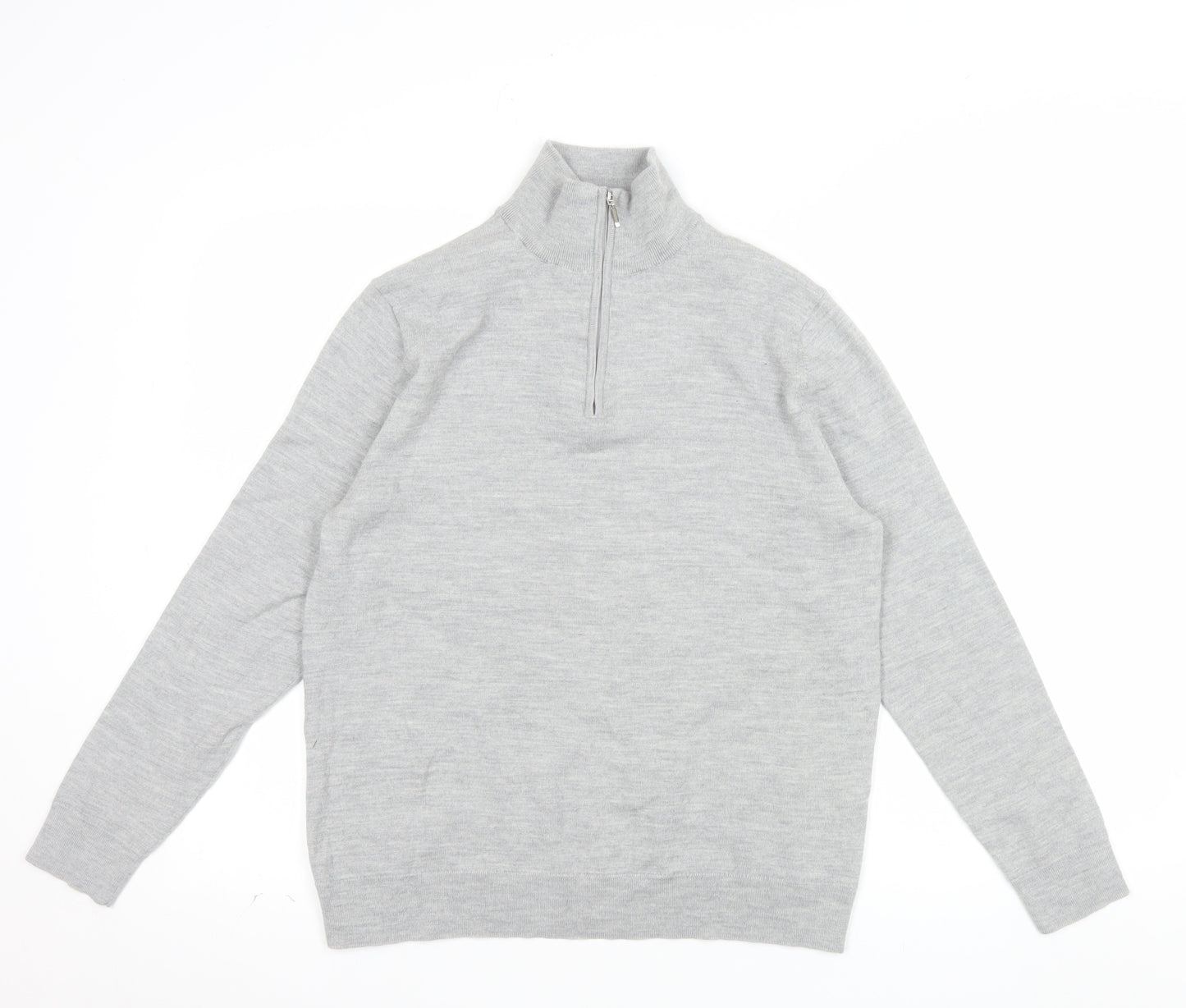 Moss Mens Grey L Half Zip Merino Wool Blend Jumper