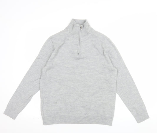 Moss Mens Grey L Half Zip Merino Wool Blend Jumper