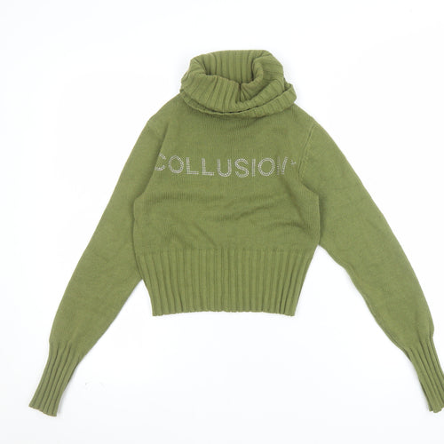 Collusion Women's Green Roll Neck Logo Jumper Size 4