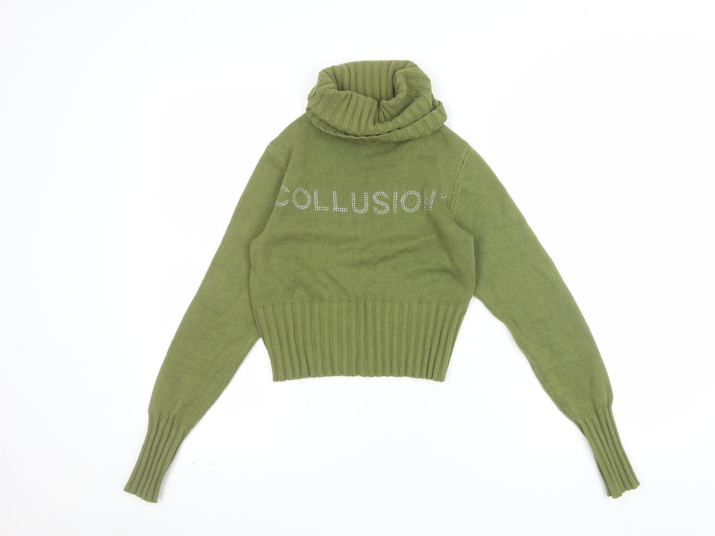 Collusion Women's Green Roll Neck Logo Jumper Size 4