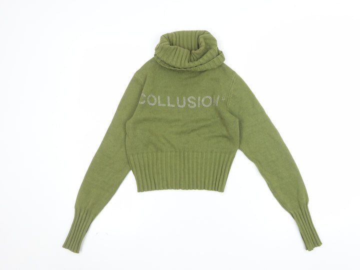 Collusion Women's Green Roll Neck Logo Jumper Size 4