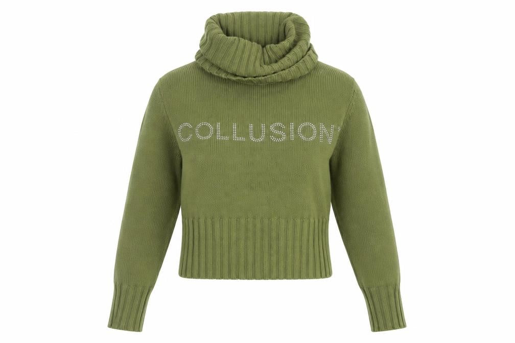Front view of Collusion Women's Green Roll Neck Logo Jumper, size 4